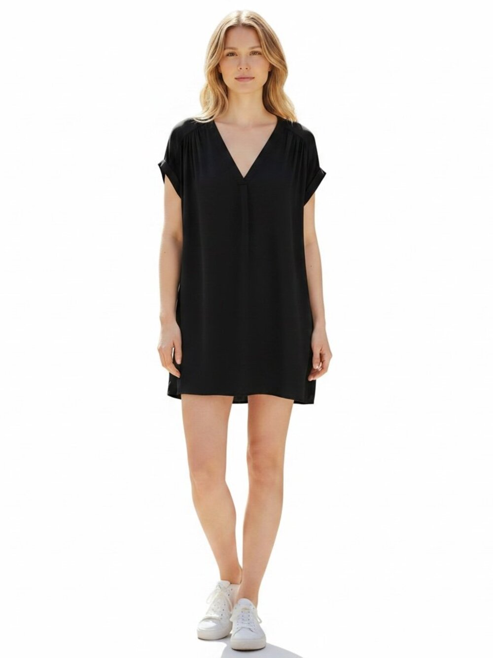 GAP Black V-Neck Shift Dress Women's Small 100% Rayon Short Sleeve Casual Work